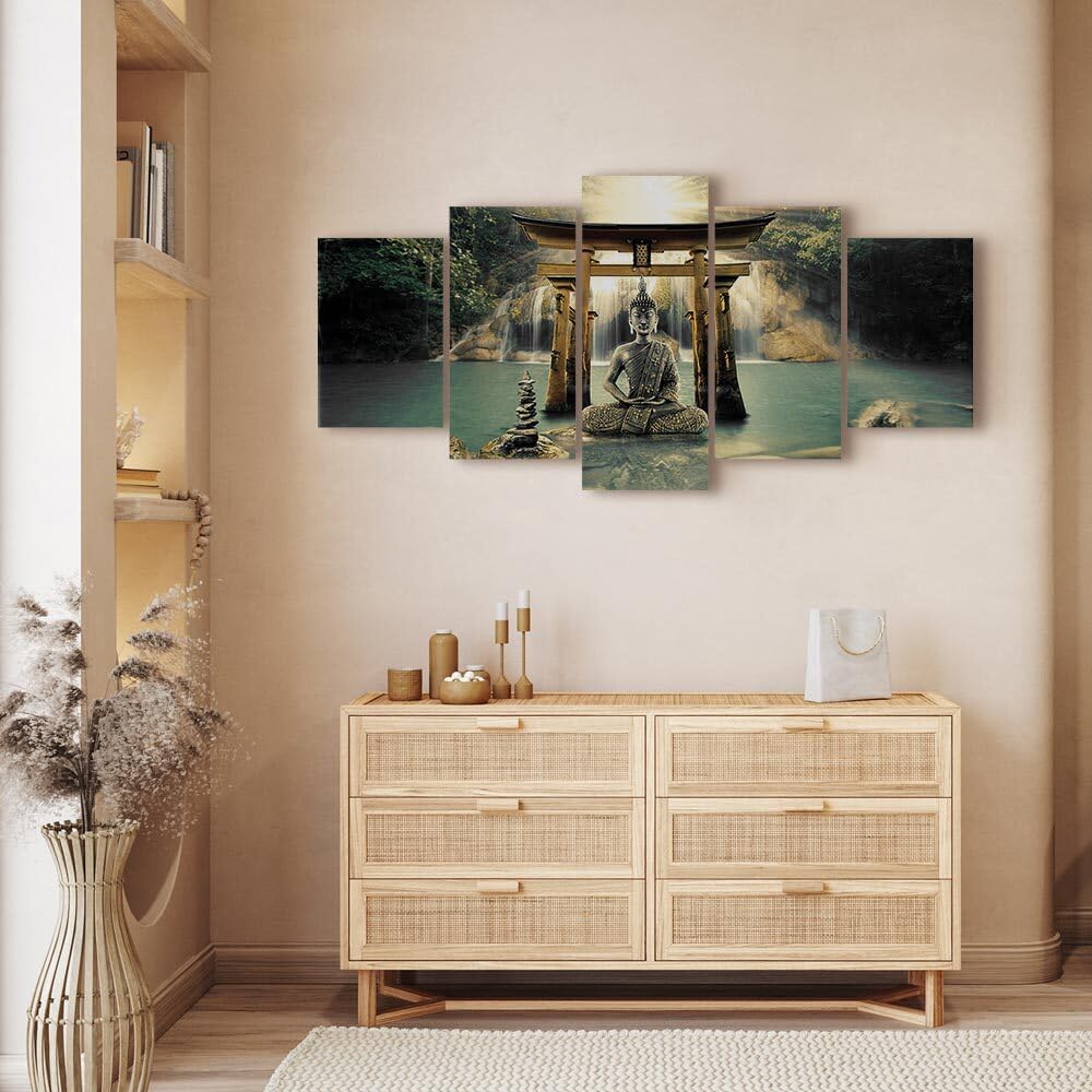 decomonkey Bilder Buddha 200x100 cm 5 Teilig Wandbild Groß Leinwandbild XXL Deko Wohnzimmer Schlafzimmer Wanddeko Pictures For Wall Poster Wall Painting Zen Orient