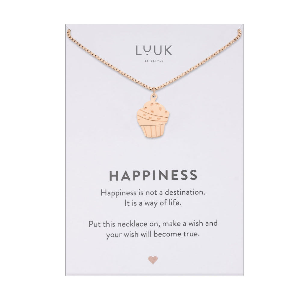 LUUK LIFESTYLE Filigrane Halsketten mit Anhänger und Karte mit HAPPINESS Spruch, zeitloses Design und moderne Motive, in Silber, Gold und Rosegold