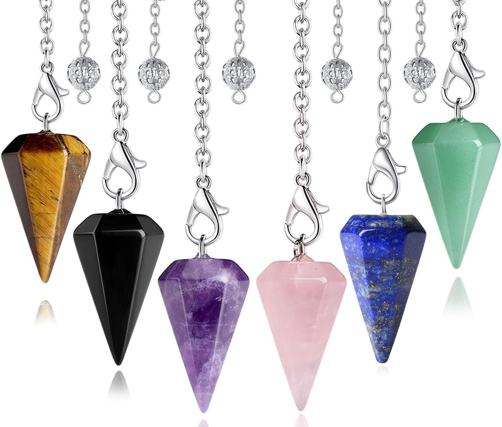 XIANNVXI 6pcs Pendel Set Kristalle Amethyst Stein Rosenquarz Obsidian Lapislazuli Kristall Edelsteine Energetische Pendel Esoterik Pendel mit Kette Spirituelle Reiki Zubehör