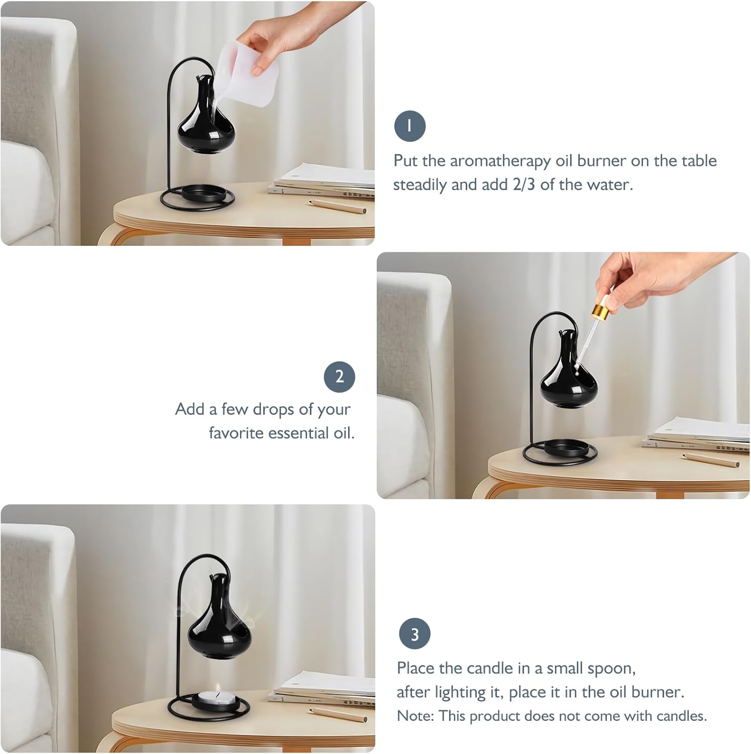 WD&CD Ceramic Oil Burner, Aroma Lamp, Tea Light Holder with Candle Spoon, Aroma Diffuser, Black