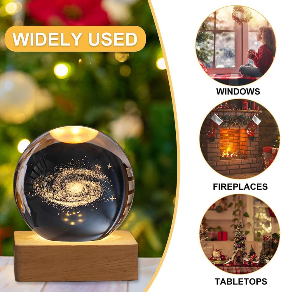Demiawaking USB 3D Kristallkugel mit Holzsockel 3D Sonnensystem mit LED, Tischdeko Planet Lampe Nachtlicht, Geburtstag Kinder Geschenke, Party Deko (Milchstraße mit Quadrat Holzsockel)