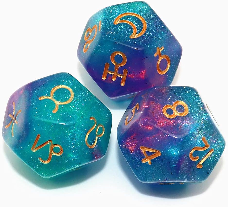 CREEBUY 3 Pieces Astrological Dice for Constellation Divination 3 Colors D12 Glitter Craft Dice Polyhedral Set