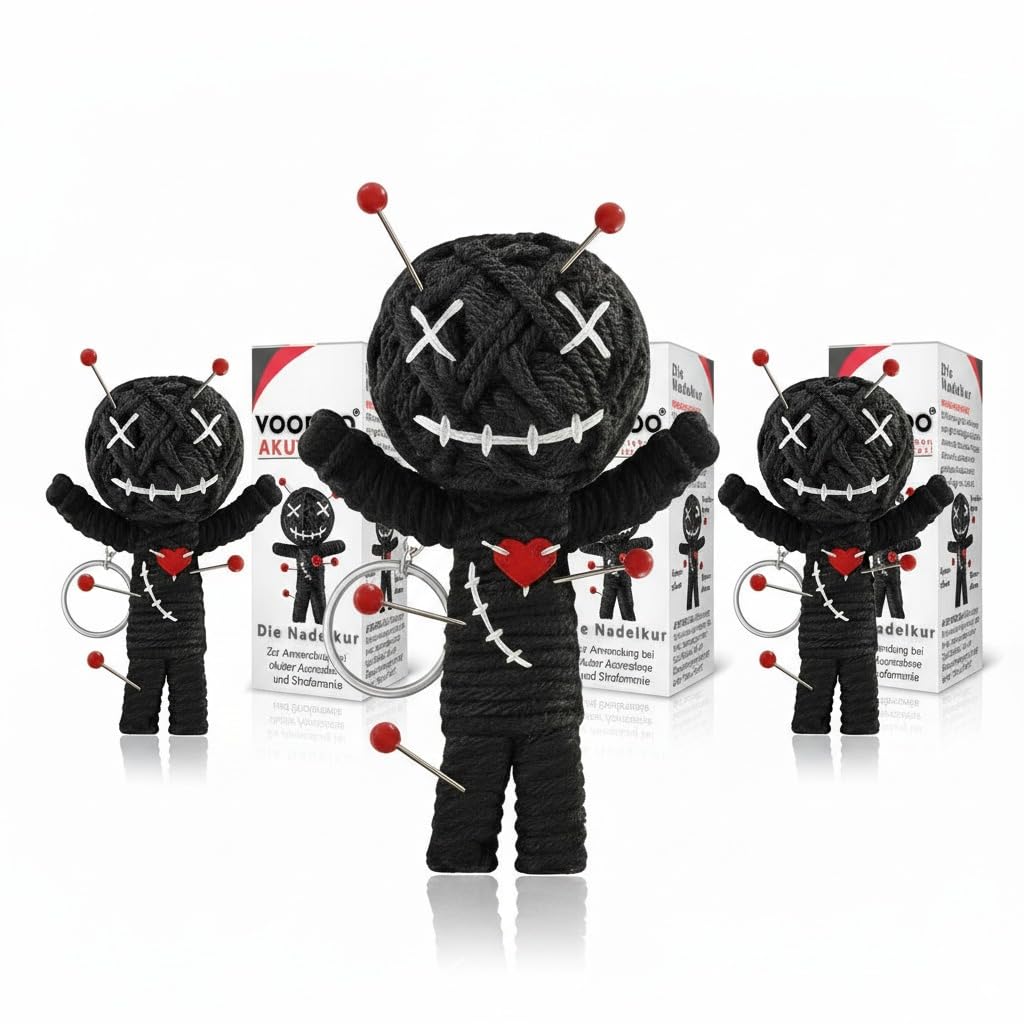 Voodoo Puppe mit Nadeln | 7,5cm | Geschenkbox & Anleitung | Scherz-Medikament | Büro Geschenk für Kollegen Kollegin Chef | Anti Stress | Abschied | Büro Uni Studium