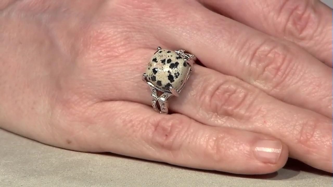 Cavill Dalmatiner-Jaspis Ring 8,06 ct mit 16 weißen Topasen 0,102 ct in 925er Sterlingsilber antiker Kissen-Cabochon-Schliff eleganter Schmuck USA Brasilien