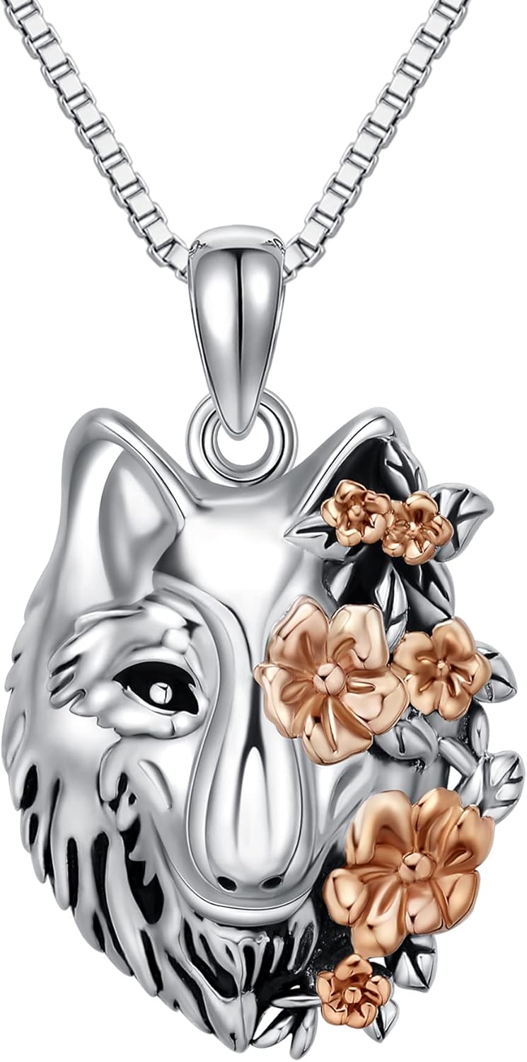 CUPENDA Wolf Halskette Sterling Silber Heulender Wolfskopf Blume Anhänger Halskette Nordische Wikinger Schmuck Geschenke für Frauen