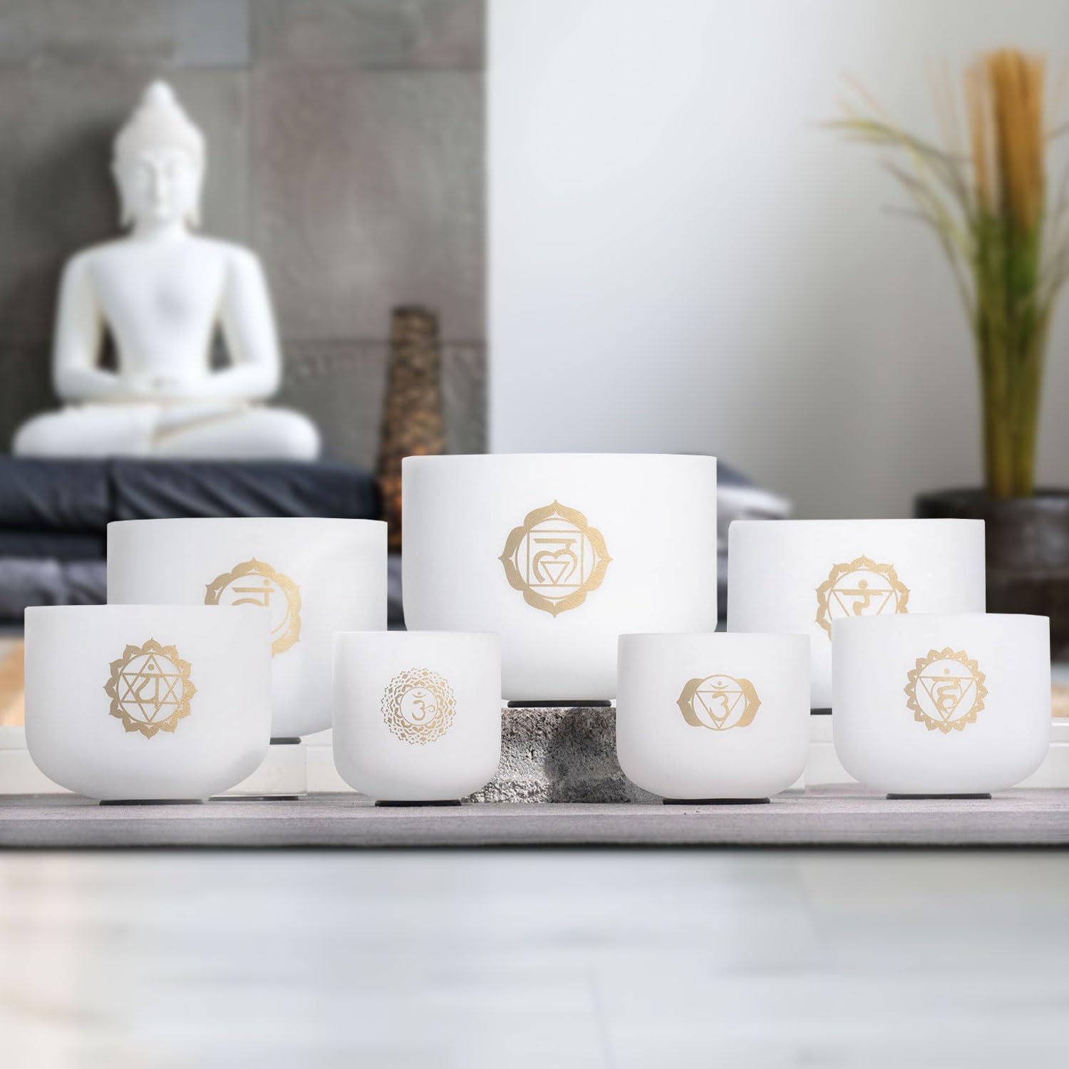 keepdrum Quarz-Klangschalen Chakra Set Gold 7-teilig 8-14 Zoll mit Zubehör