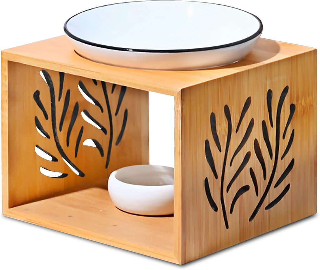 Duftlampe für ätherische Öle, Aromalampe aus Keramik/Bambus, Duftlampe Teelicht mit Teelichthalter, Stövchen für ätherische Öle, Duftlampe Bambus für Zuhause, Dekoration, Yoga, Schlafzimmer