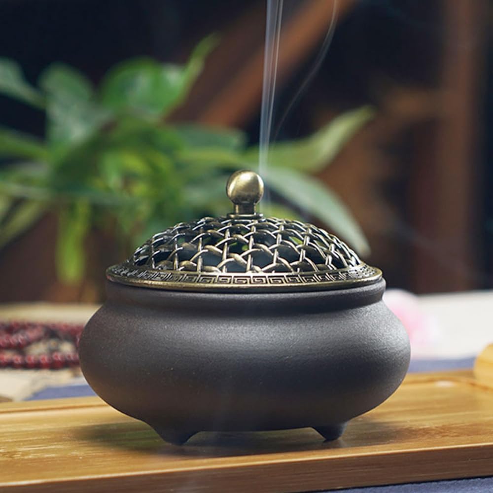 Weihrauchbrenner Keramik, Räuchergefäß Räucherstäbchenhalter, Chinesisch Porzellan Räucherschale mit Feuerfeste Matte und Metall Deckel, Incense Burner für Home Deko Geschenk