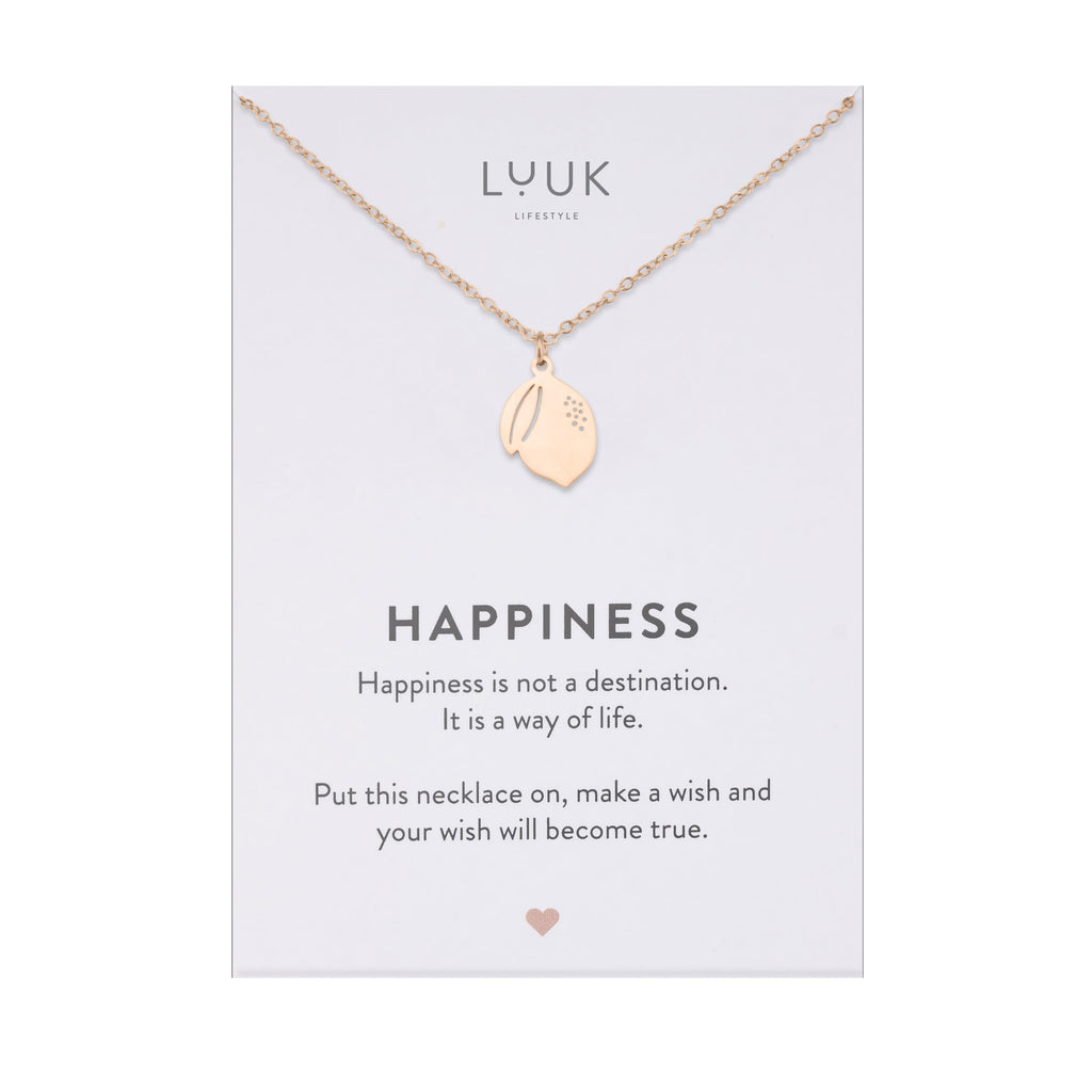 LUUK LIFESTYLE Filigrane Halsketten mit Anhänger und Karte mit HAPPINESS Spruch, zeitloses Design und moderne Motive, in Silber, Gold und Rosegold