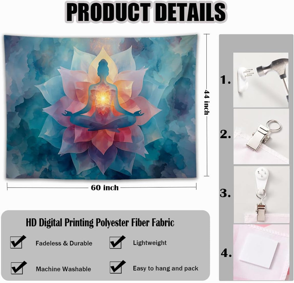 YJDYJD Meditation Wall Tapestry – Spiritual Chakra Wall Hanging with Vibrant Lotus Flower Design, Mindfulness Yoga Room Tapestries, Large Fabric Art for Bedroom & Studio
