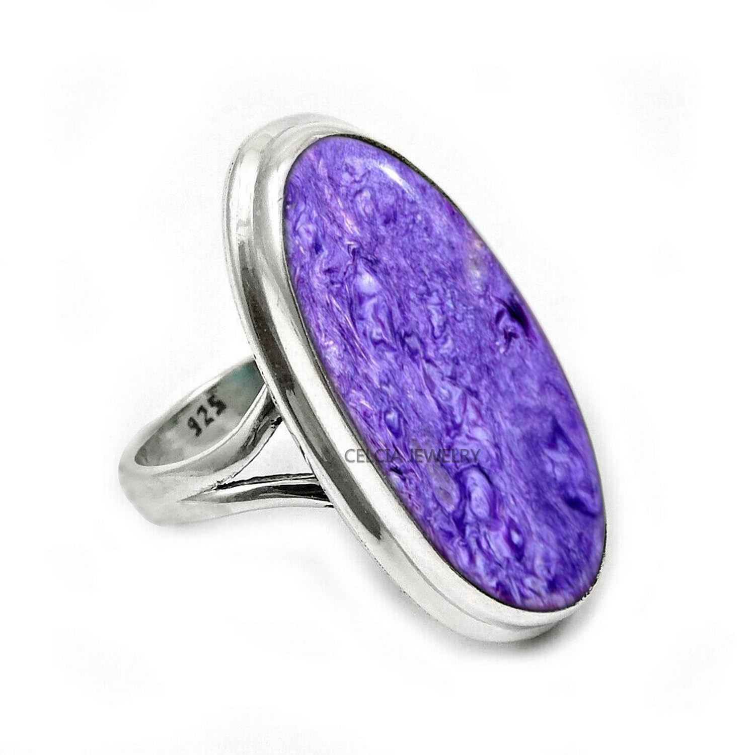Large Oval Gemstone Handmade Jewellery, 925 Sterling Silver Tribal Ring, Engagement Gifts for Couples, Birthday Gifts for Men, Fathers Day Gifts, Promise Ring, Men's Gifts (Size 7.5, Charoite)