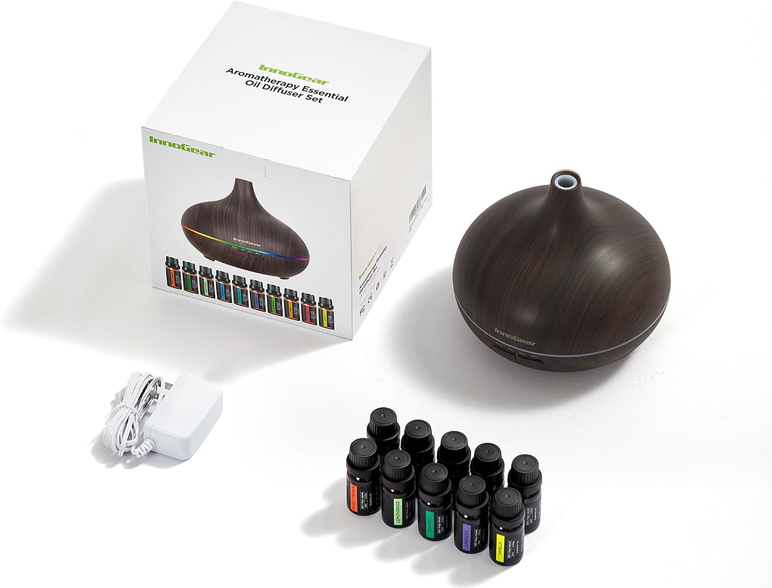 InnoGear 400ml Aromatherapy Essential Oil Diffuser 10 Oils Gift Set, Dark | Cool Mist Humidifier, Essential Oils, Ultrasonic, 4 Timers, Run up to 12hrs, Large Room, Home, Automatic Shut-Off, Quiet