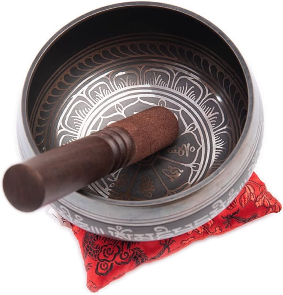 Premium Tibetan Singing Bowl Set – Handmade in Nepal Sound & Meditation Bowl – Spiritual Decor for Yoga, Wellness Spaces & Relaxation by Himalayan Bazaar (Brown & Red)