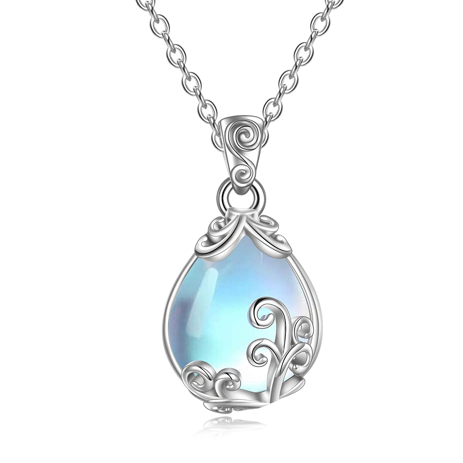 POPLYKE Sterling Silver Gemstone Filigree Teardrop Pendant Necklace Crystal Jewellery for Women