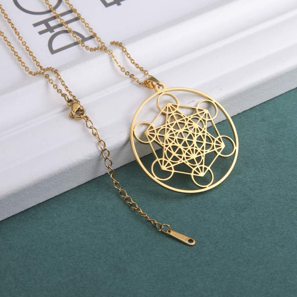 TEAMER Metatron Cube Necklace Sacred Geometry Pendant Seal of the Archangel Angel Necklace Stainless Steel Jewellery