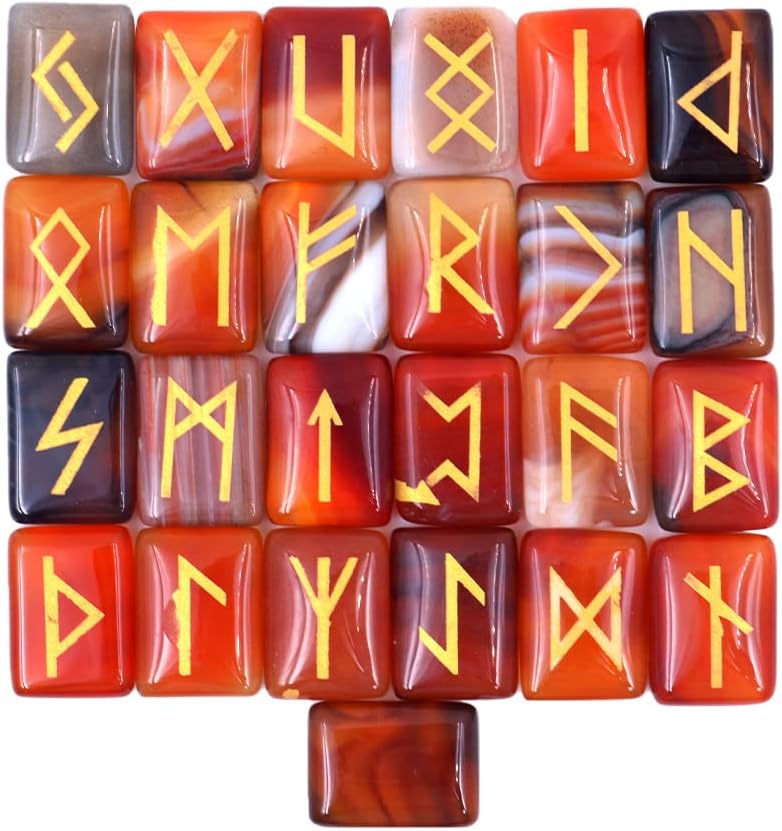 WANGCL 25pcs Red Jasper Rune Stones Tumbled Gemstone Carved Rune Words for Fortune Telling Crystal Healing Reiki