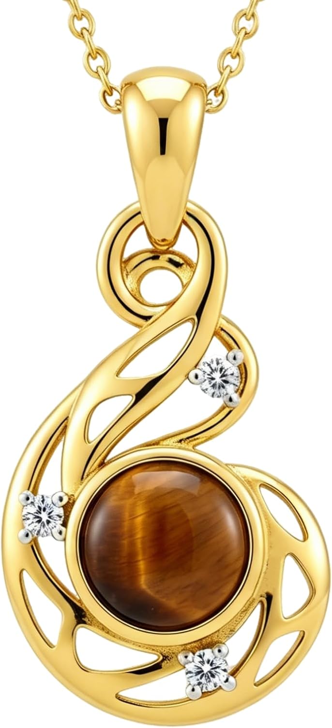 14k Gold Plated Tiger Eye Necklace for Women Genuine Diamond Pendant 925 Sterling Silver Tiger Eye Jewelry Gift for Mother Wife