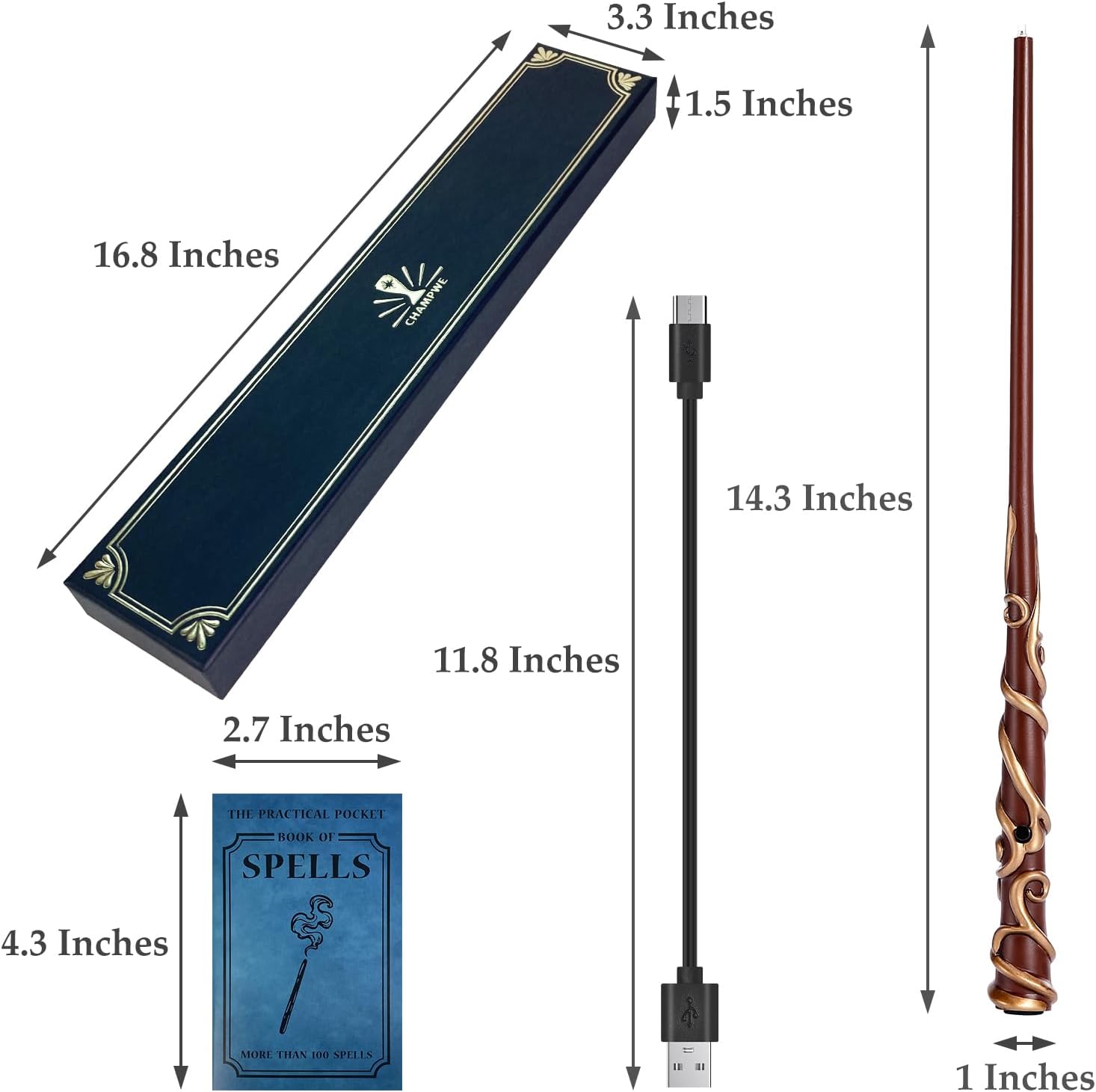 ChampWe Light Up Magic Wizard Wand Rechargeable Illuminating Toy for Kids Witch Collection Cosplay Accessories with Spellbook and Gift Box (Ivy)
