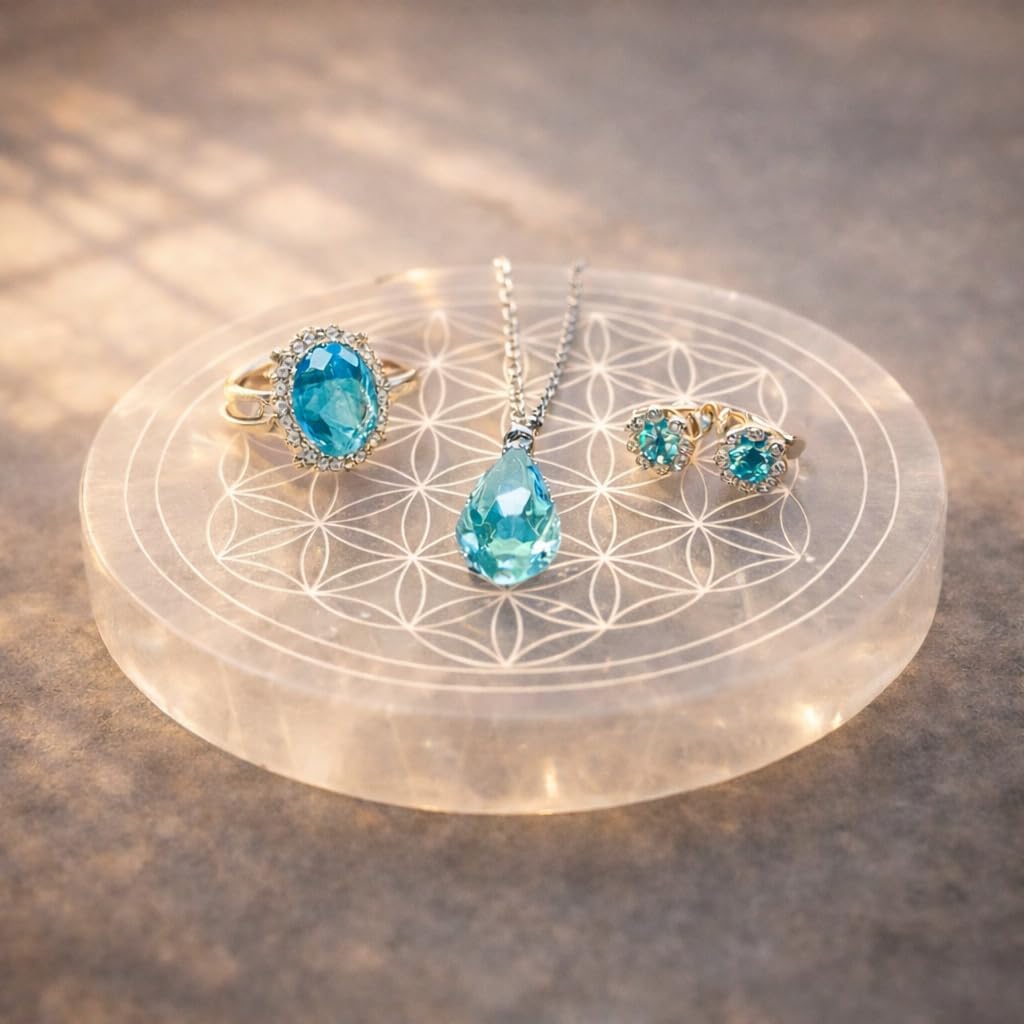 NKlaus Selenite Plate 12 cm - Handmade Healing Stone Charging Plate with Flower of Life Engraving, Polished & Energising, Ideal for Reiki, Meditation & Decoration