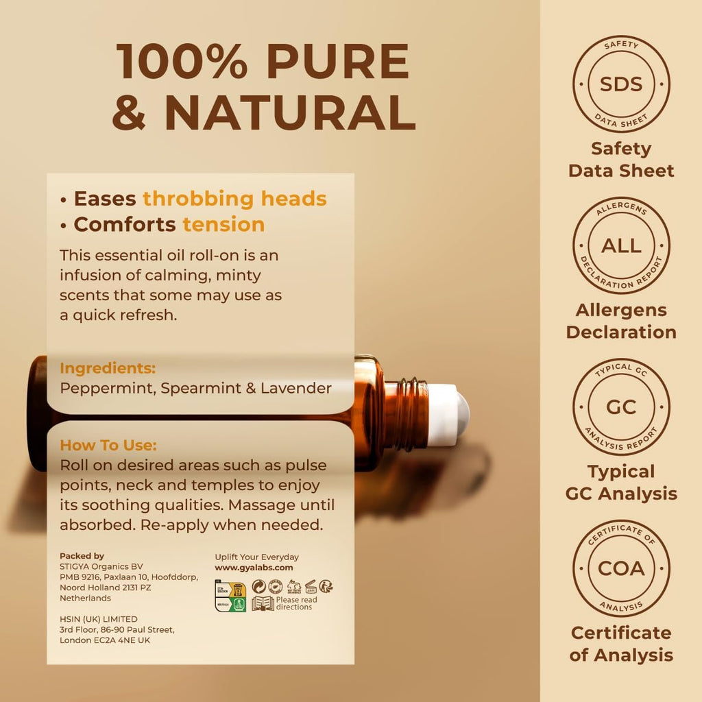 Gya Labs Migraine Relief Essential Oil Roll-On, Aromatherapy, Therapeutic Grade with Essential Peppermint and Lavender Oils for Sinus, Tension Headaches and Migraines (10 ml)