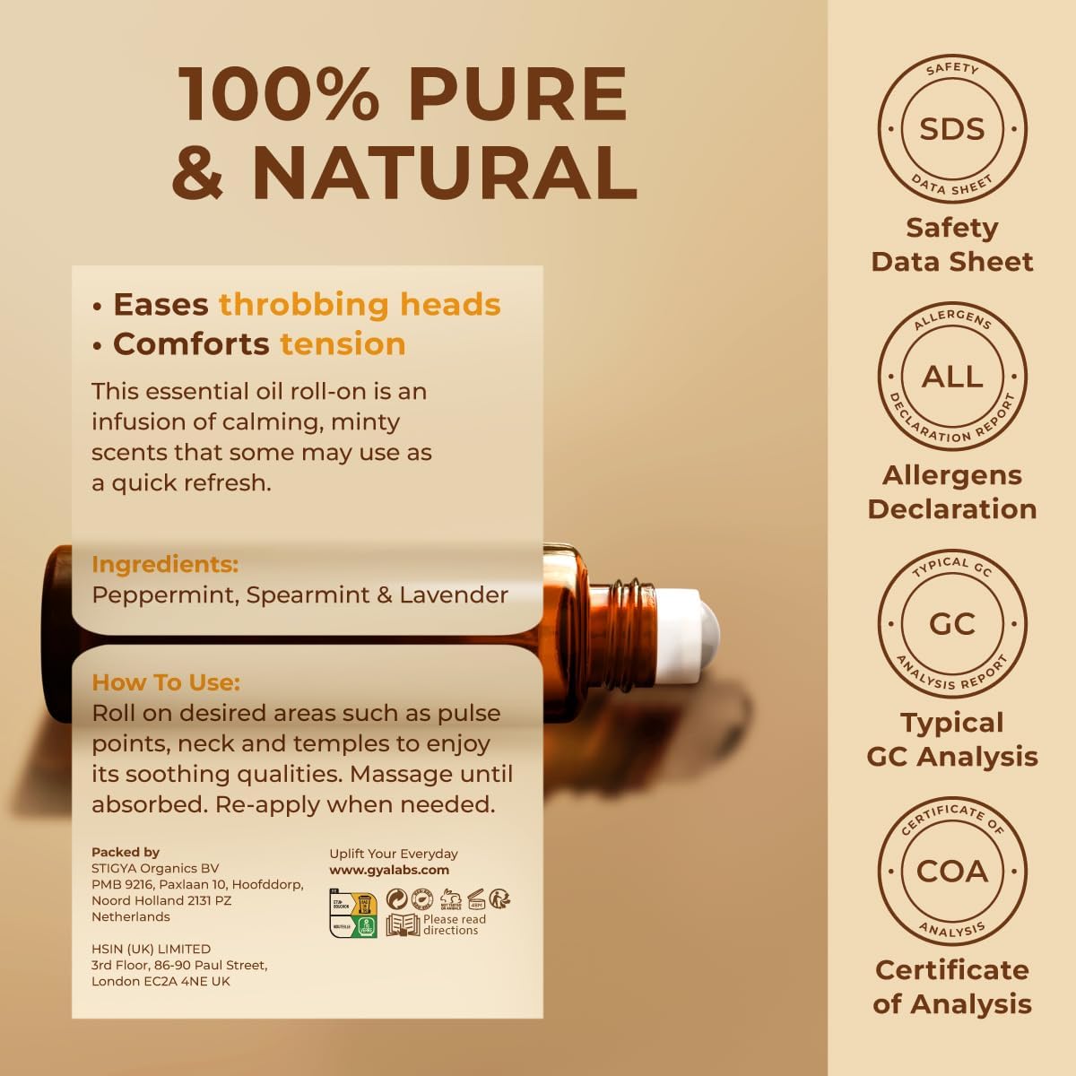Gya Labs Migraine Relief Essential Oil Roll-On, Aromatherapy, Therapeutic Grade with Essential Peppermint and Lavender Oils for Sinus, Tension Headaches and Migraines (10 ml)
