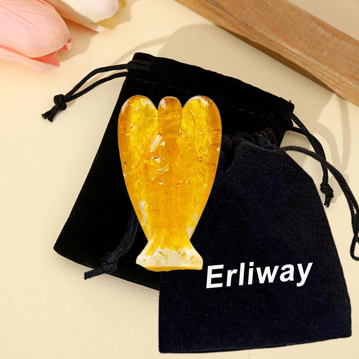 Erliway 7.8cm Large Deep Citrine Crystal Guardian Angel Figures, Natural Healing Crystal Chips Resin Angel Statue for Peace Meditation Easter Home Decor Gifts