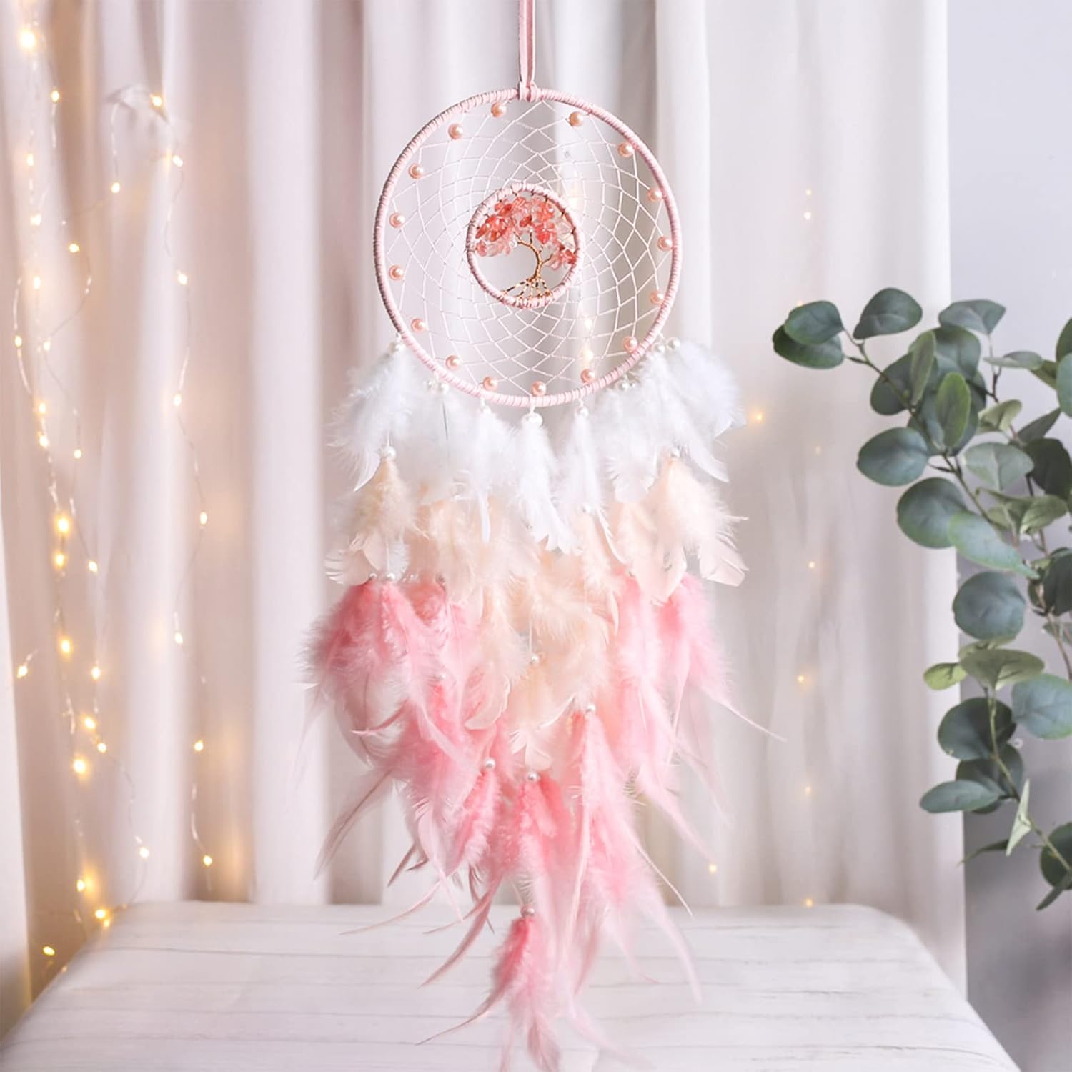 Hongyans Traumfänger mit LED Licht Handgefertigt Dreamcatcher mit Federn Böhmen Dekoration für Schlafzimmer Hochzeit Wandbehang Ornament Mädchen Kinder Geschenk
