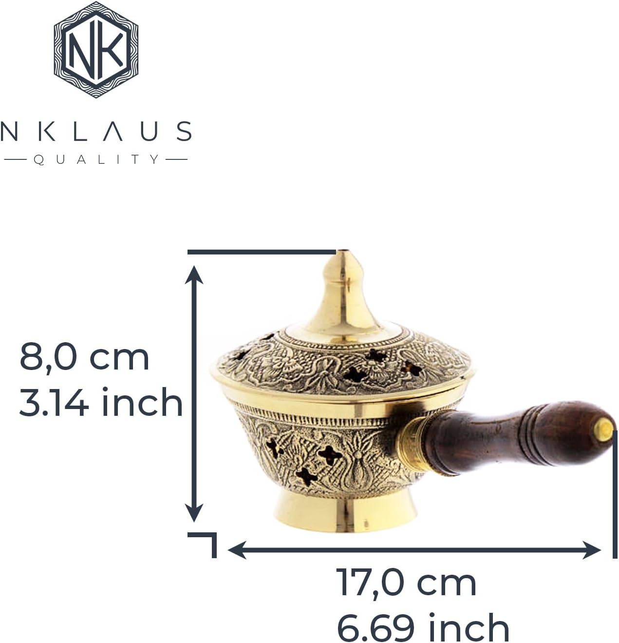NKlaus Räucherpfännchen mit Holzgriff für Weihrauch Räucherwerk Räuchermischung Räuchergefäß Messing Gold massiv Handarbeit Dekoration Esoterik Weihrauchbrenner 7538