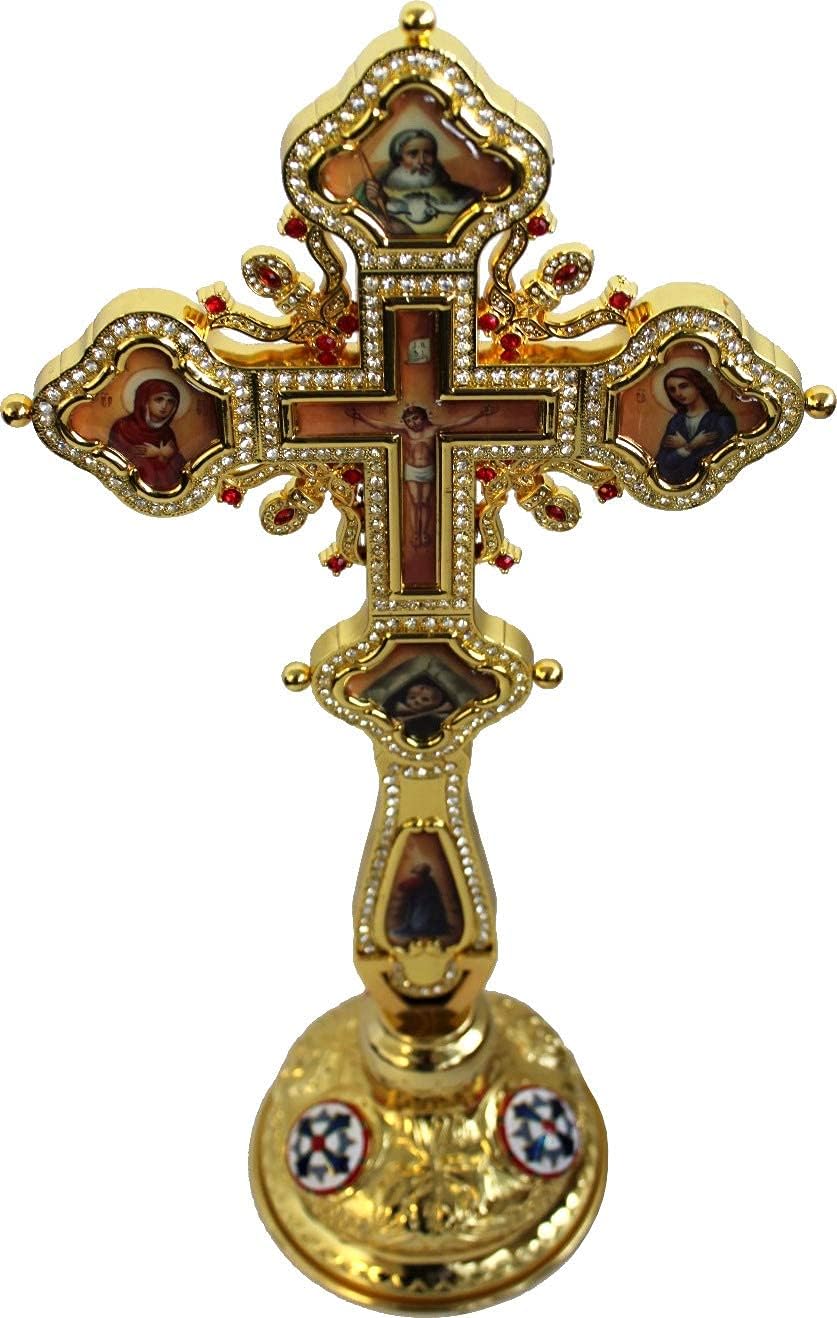Holy Land Market Altar Orthodox Church Sacrificial Table Priestly Blessing Crucifix Decorated with Assorted Coloured Stones (16")
