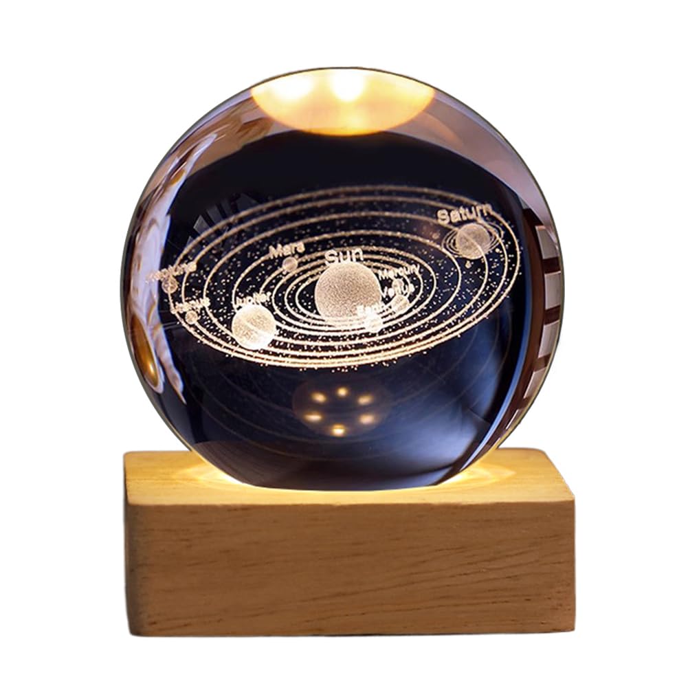 Demiawaking USB 3D Kristallkugel mit Holzsockel 3D Sonnensystem mit LED, Tischdeko Planet Lampe Nachtlicht, Geburtstag Kinder Geschenke, Party Deko (Milchstraße mit Quadrat Holzsockel)