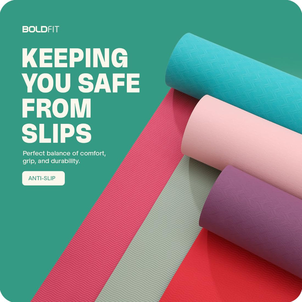 Boldfit Yoga Mat for Women and Men with Cover Bag TPE Material Extra Thick Exercise Yoga Mat for Men for Workout, Yoga, Fitness, Exercise Mat Anti Slip Mat, -Yoga Mat Gym Mat 6mm -Blue Pink