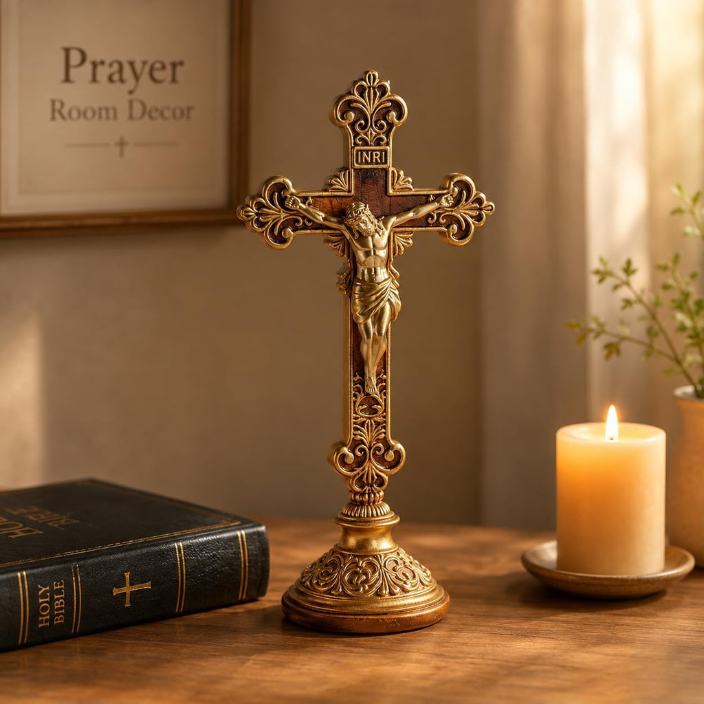 Jesus Christ Crucifix Statue with Base, 12 Inch Gold Resin Tabletop Cross, Elegant Religious Standing Crucifix Figurine for Home Altar, Catholic Spiritual Gift for Prayer, Meditation and Holiday Decor