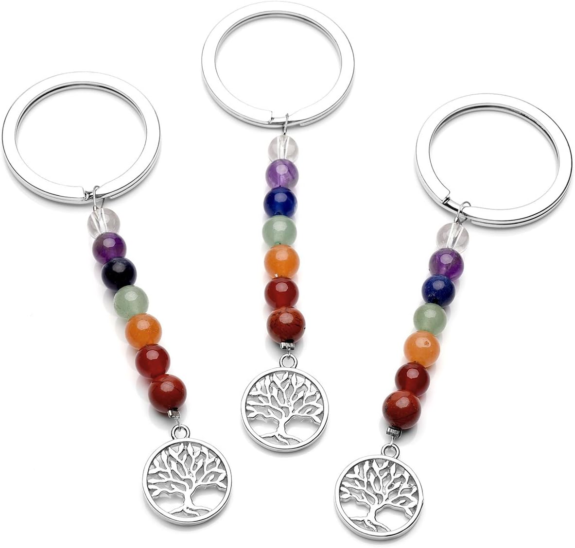 JSDDE Schlüsselbund Natürlich Edelstein Lebensbaum Schlüsselanhänger 7 Chakra Anhänger Schlüsselring Keychain Schmuck
