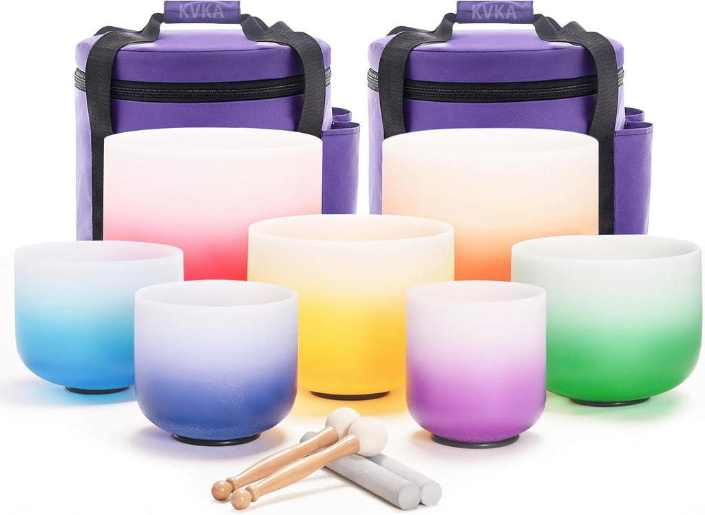 KVKA Kristall-Klangschalen Set, 6-12 inch 432Hz Gradien Quarz Chakra Sound Healing Klangschalen für Yoga Meditation Entspannung Stressabbau mit Tragetasche