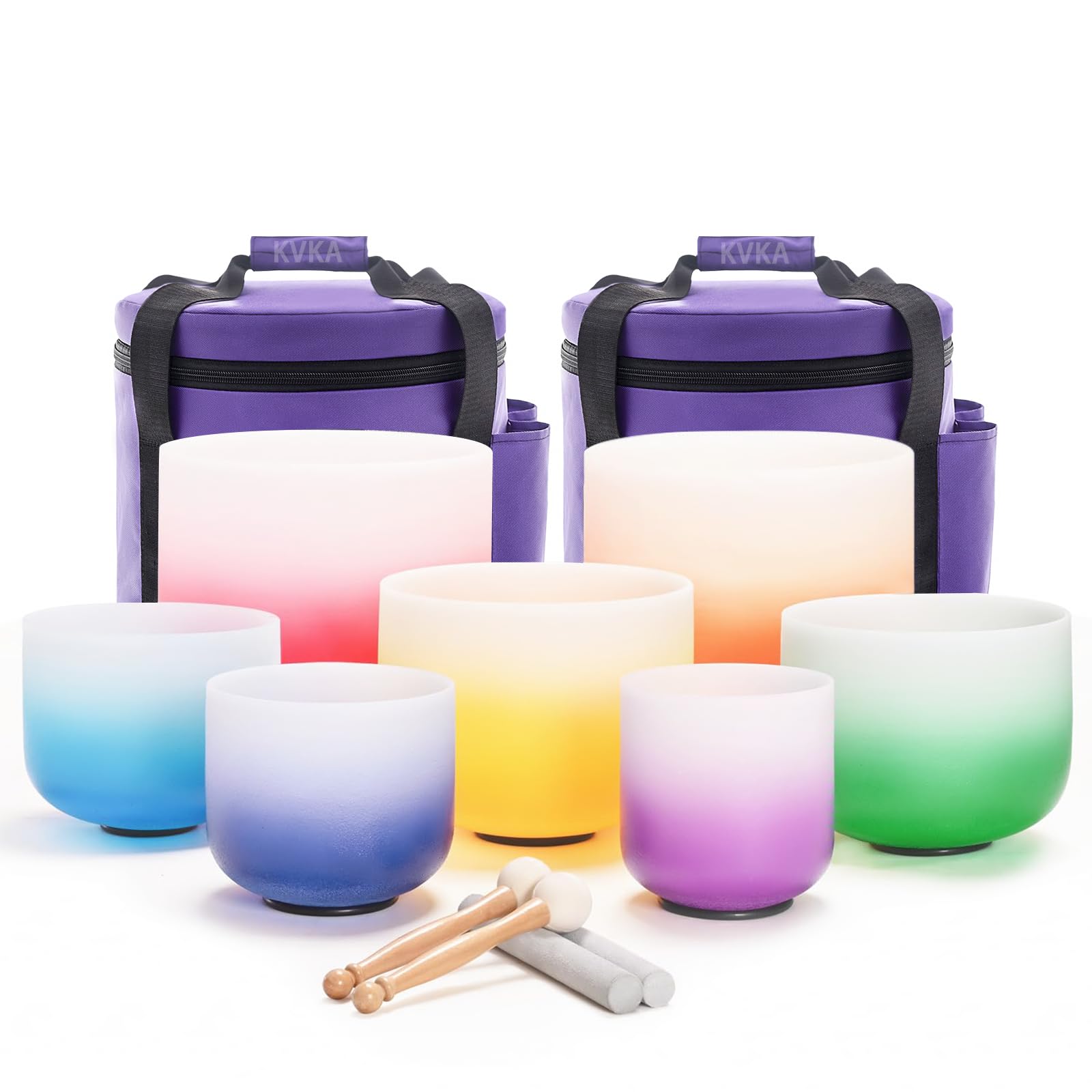 KVKA Kristall-Klangschalen Set, 6-12 inch 432Hz Weiß Frosted Quarz Chakra Sound Healing Klangschalen für Meditation Yoga Entspannung Stressabbau mit Tragetasche