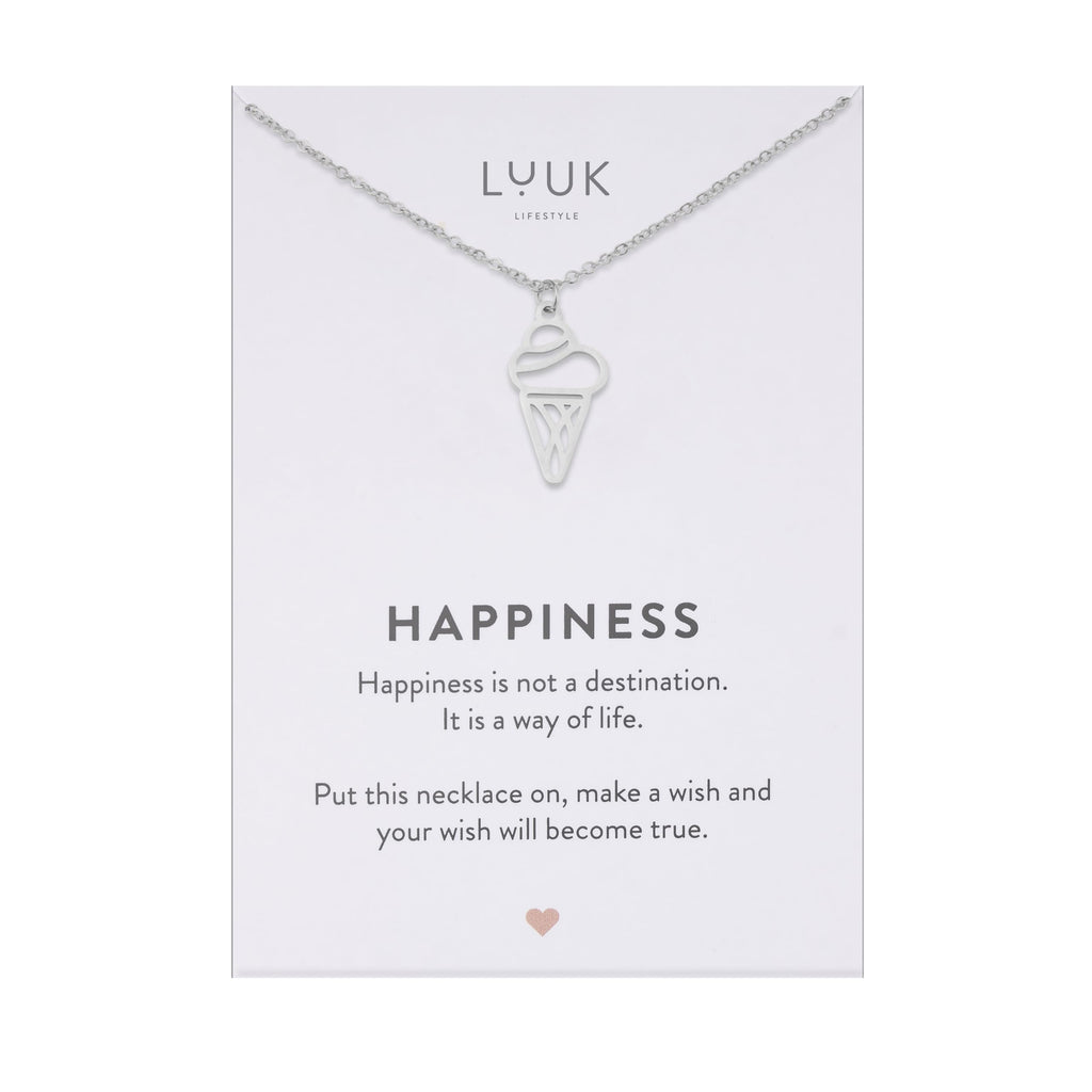 LUUK LIFESTYLE Filigrane Halsketten mit Anhänger und Karte mit HAPPINESS Spruch, zeitloses Design und moderne Motive, in Silber, Gold und Rosegold