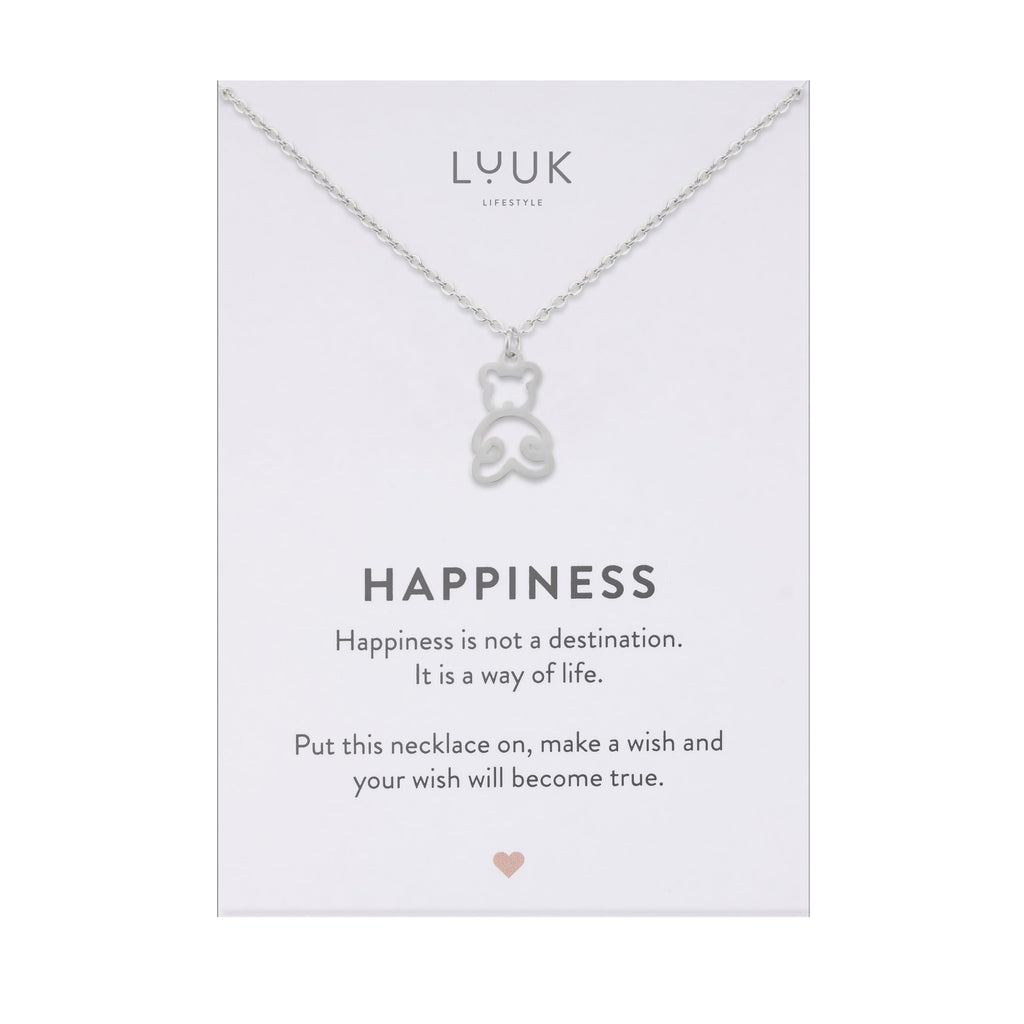 LUUK LIFESTYLE Filigrane Halsketten mit Anhänger und Karte mit HAPPINESS Spruch, zeitloses Design und moderne Motive, in Silber, Gold und Rosegold