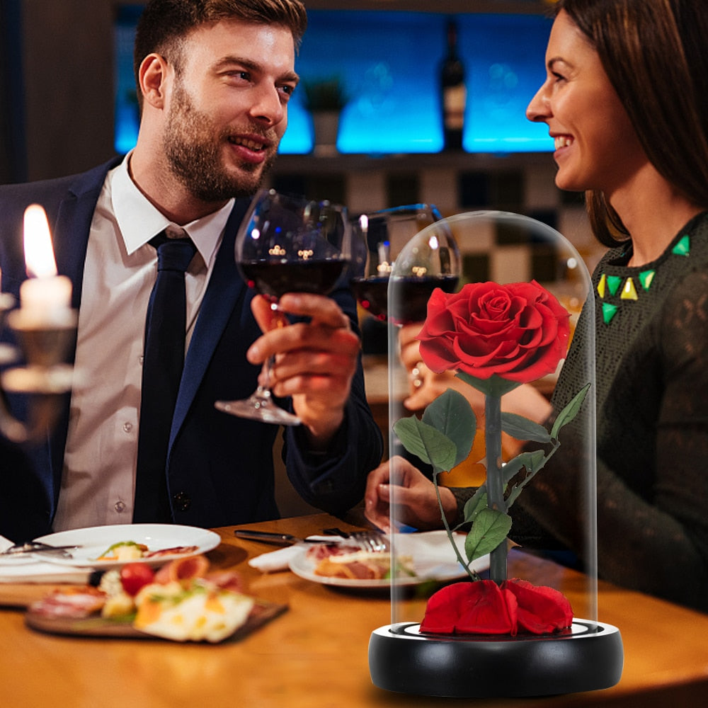 Red Eternal Roses with Light In Glass