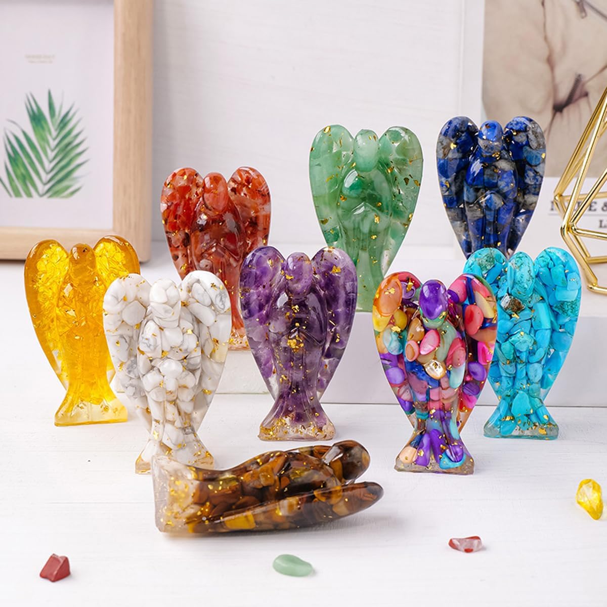 Erliway 7.8cm Large Deep Citrine Crystal Guardian Angel Figures, Natural Healing Crystal Chips Resin Angel Statue for Peace Meditation Easter Home Decor Gifts