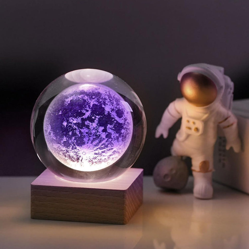 Zoomarlous 3D Crystal Ball Night Light, USB 3D Moon Crystal Ball Night Light, Creative Night Scene, Astronomy LED Ball Lamp, with Wooden Base