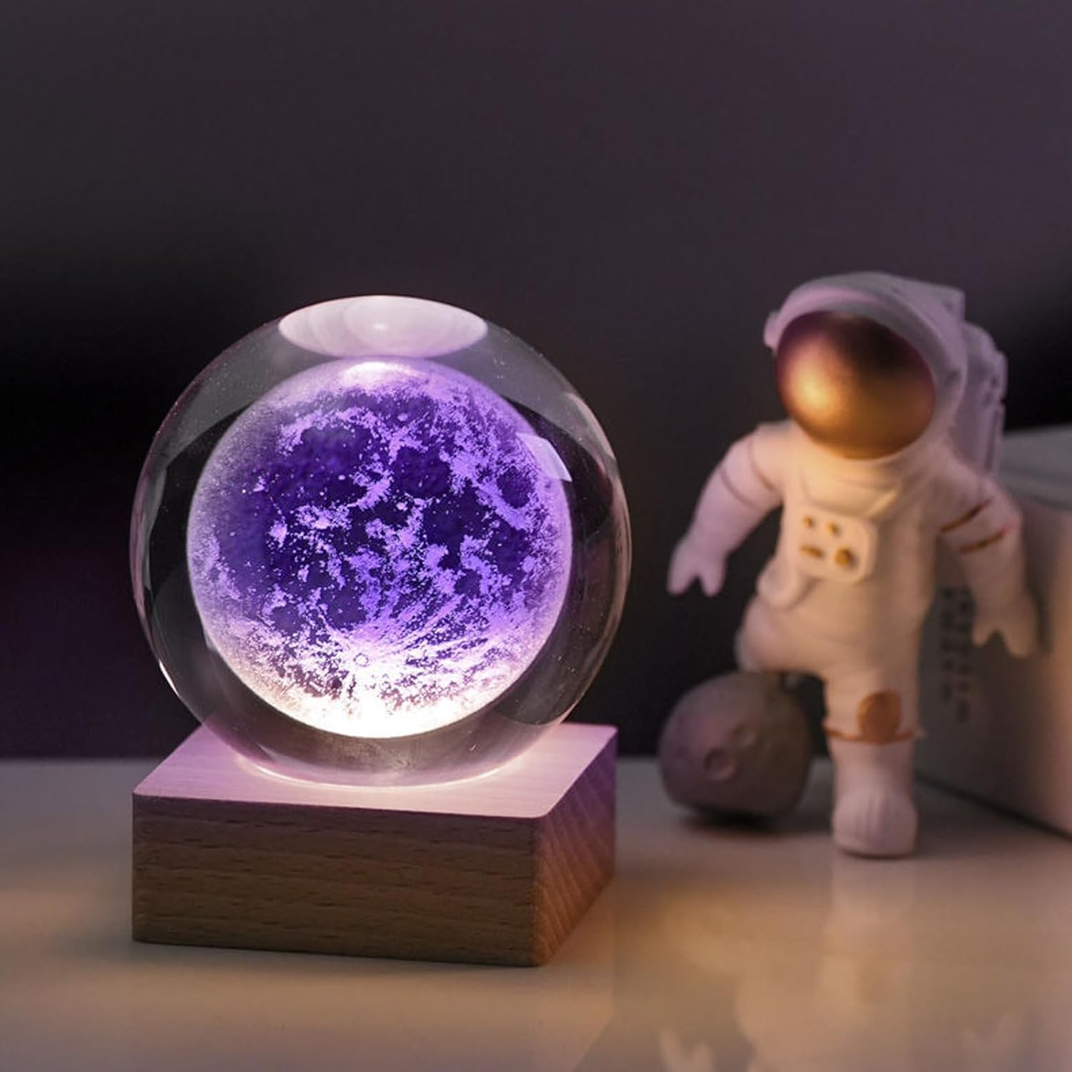 Zoomarlous 3D Crystal Ball Night Light, USB 3D Moon Crystal Ball Night Light, Creative Night Scene, Astronomy LED Ball Lamp, with Wooden Base