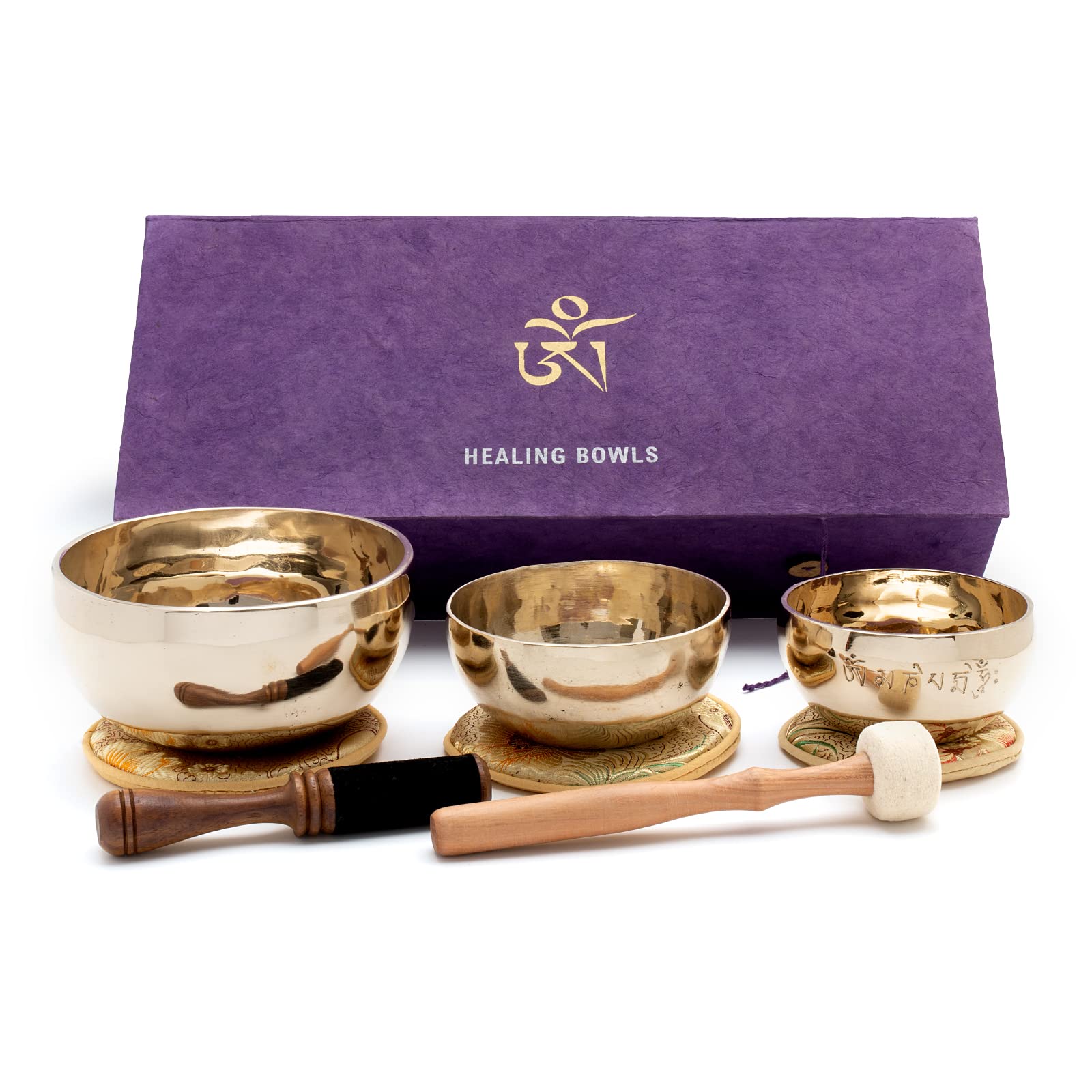 Körper-Geist-Seele-Box mit 3 feinen Klangschalen für das Herz-Chakra, das Stirn-Chakra und Kronenchakra für Meditation u. Klang-Therapie I Handgeschmiedet I Inkl.Klöppel/Pads I Fair Trade aus Nepal