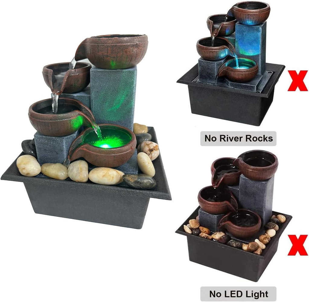 SURPRIZON Zen Table Waterfall Fountain for Meditation Desk Water Fountain with LED Light and Natural River Rocks for Office, Home, Bedroom