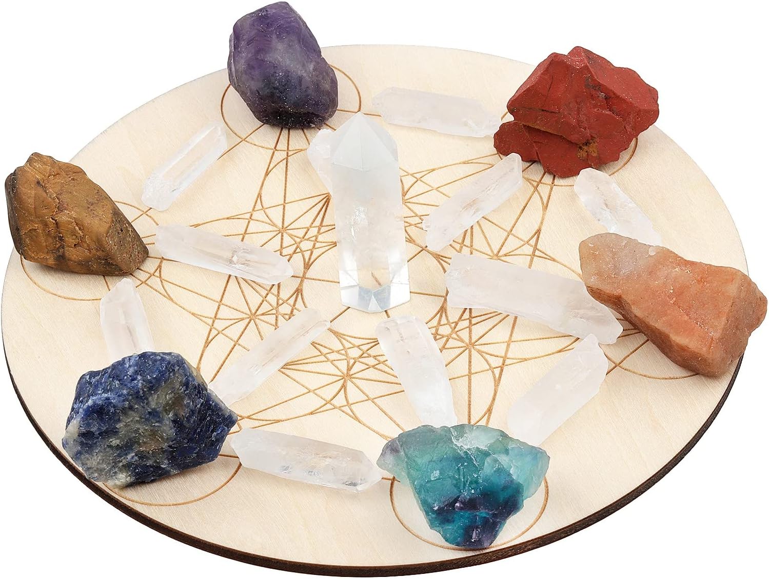 KYEYGWO Reiki Healing Crystal Grid Set with 7 Chakra Raw Stone and Rock Crystal Wand Wooden Sacred Geometry Chakra Energy Stone Quartz Dots Ornament for Home Decor, Hexagon Gemstones