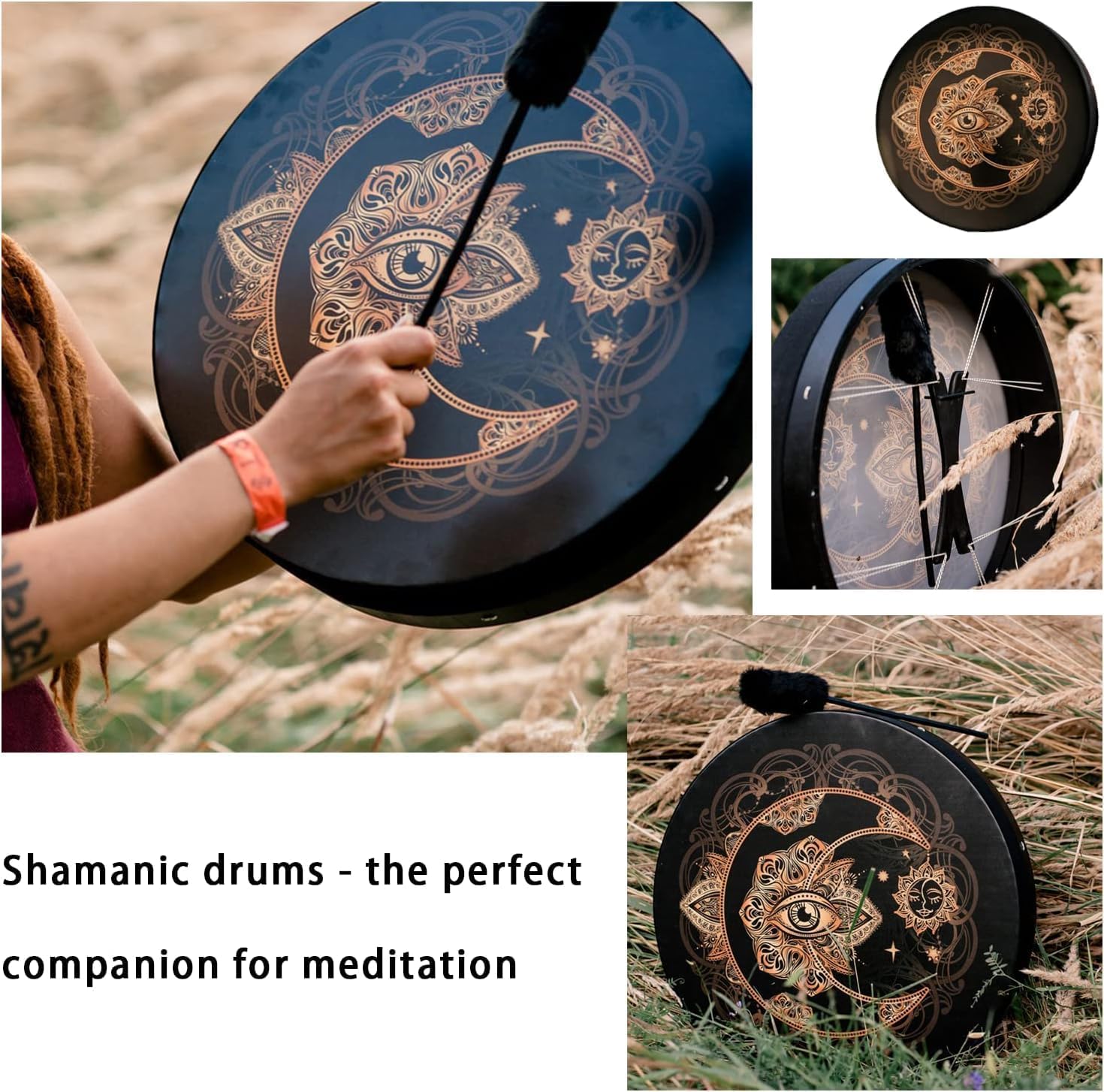 Schamanentrommel, Schamanische Trommel mit Trommelstiel, TOOSOAR Goldener Mond Handtrommel, Trommel Erwachsene für Music Lovers