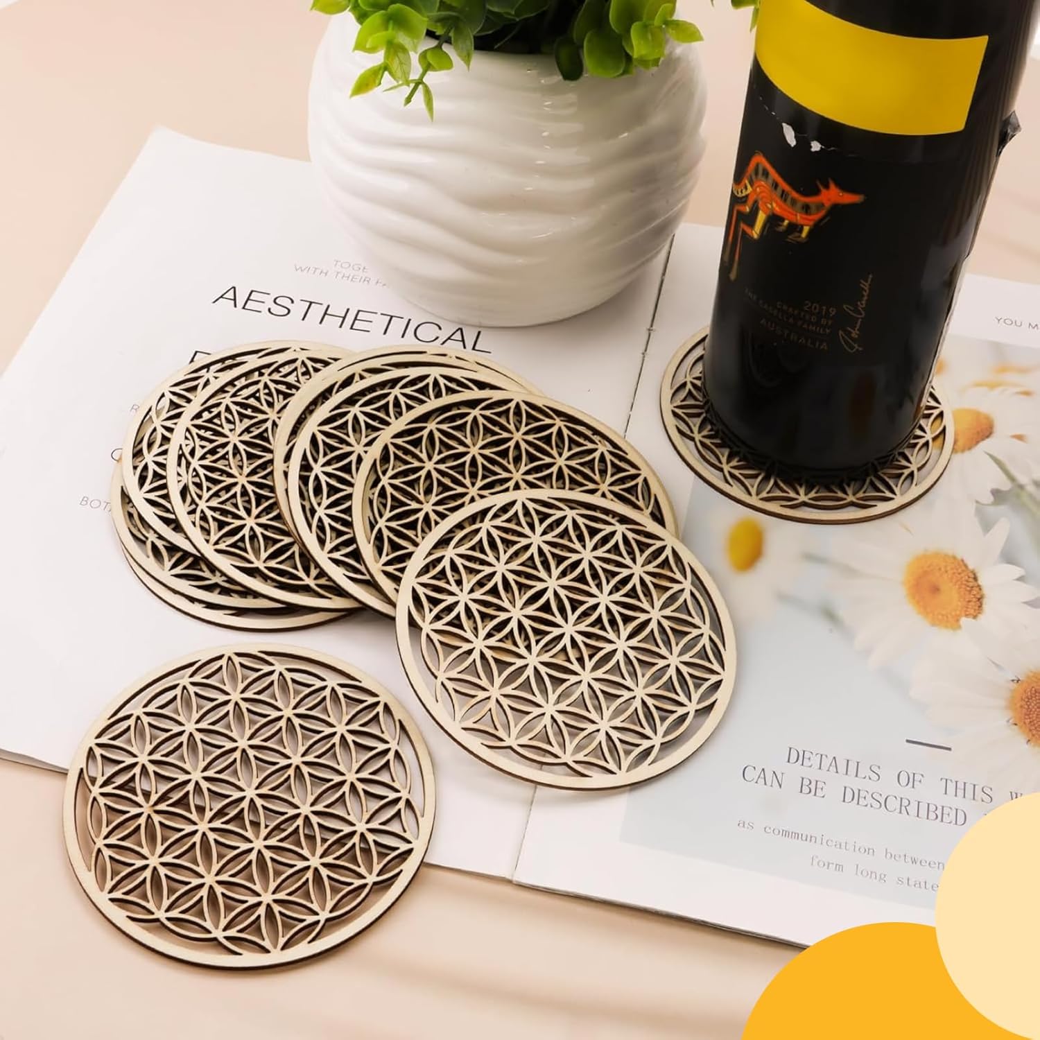 Hugwish Set Mit 6 Blume des Lebens Untersetzer Holz Für Meditation (10 X 10 cm), Untersetzern aus Premium Birkenholz, lebensblume deko (6)