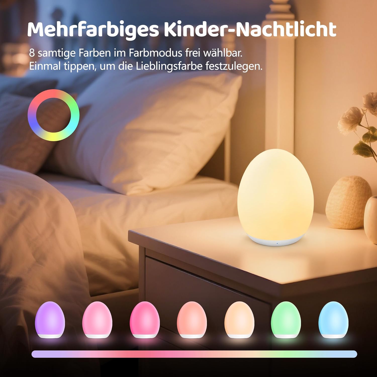 MediAcous Night Light, Night Lamp, Children's / Baby Night Light with 8 Colours & Nursing Light, Dimmable, USB LED Night Light with 1H Timer & Touch, Decoration for Baby and Toddler's Room Night Light