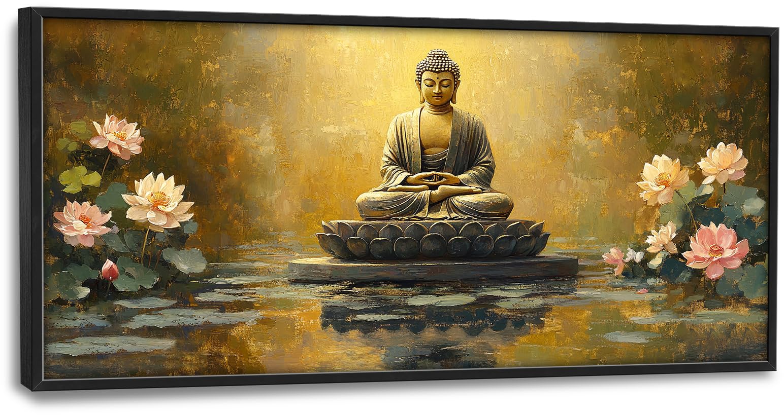 Buddha Lotus Large Wall Art Zen Meditation Wall Decor Spiritual Asian Calming Pictures Canvas Prints Peaceful Buddha Painting Framed Artwork for Yoga Bedroom Living Room Bathroom Home 36"x24"