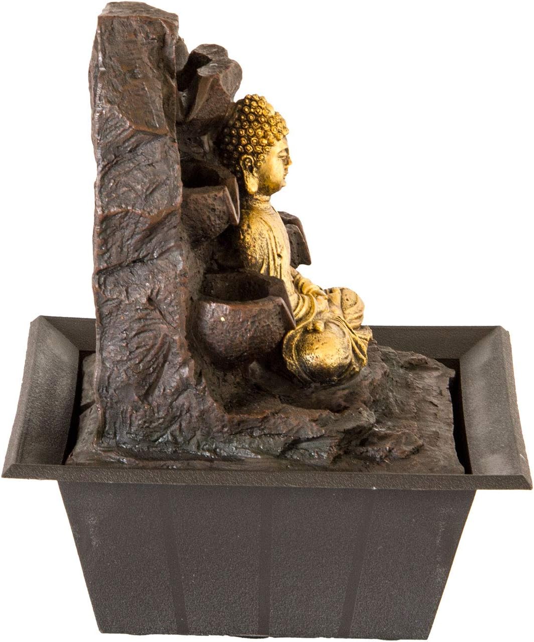 Indoor Fountain Golden Buddha with LED Lighting Table Fountain with Waterfall Decorative Fountain in Rock Look Zen Feel-Good Fountain for Home