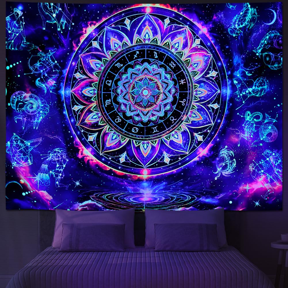 Yuiqear Blacklight Chakra Yoga Meditation Tapestry Mushroom Flower Wall Backdrop UV Reactive Mandala Tapestries Galaxy Space Jellyfish Tapestry Wall Hanging for Bedroom